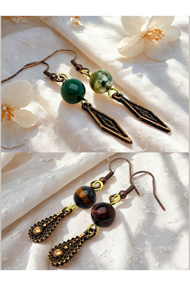 Indian Akiki & Tiger Eye Natural Stone 2-Piece Dangle Dark Copper Color Zamak Plated Long Earrings