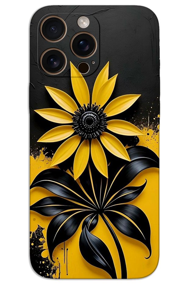 غطاء خلفي مطبوع بنمط HD لهاتف iPhone 16 Pro - زهرة صفراء سوداء