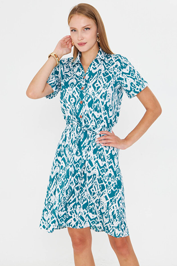 Women's Emerald Elastic Waist Patterned Short Sleeve Shirt Dress Arm-23Y001079