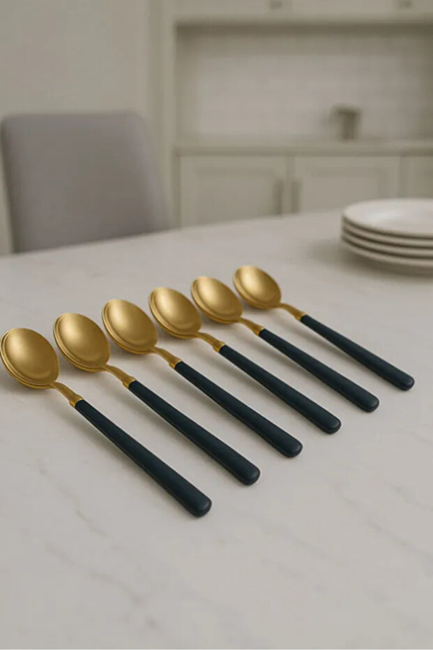 6 Pieces Black Detailed Gold Spoon Set | 6 Piece Luxury Dinner Spoon Set 20 cm