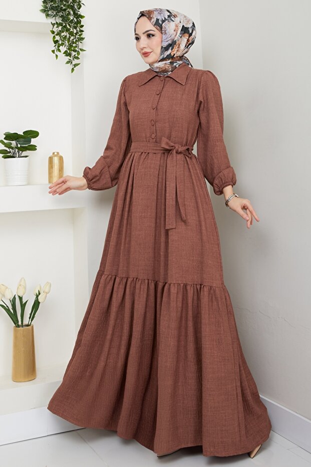 Eteği Katlı Tesettür Elbise 3025HBS856-MS Kahve - 2
