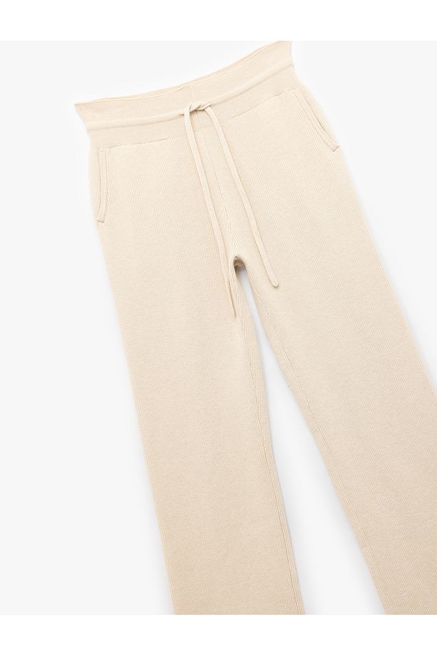 Beli Bağcıklı Cepli Yüksek Bel Düz Bol Paça Triko Pantolon - 5
