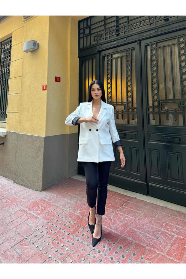 سترة بأزرار من الكتان والبوليستر الأبيض - 4