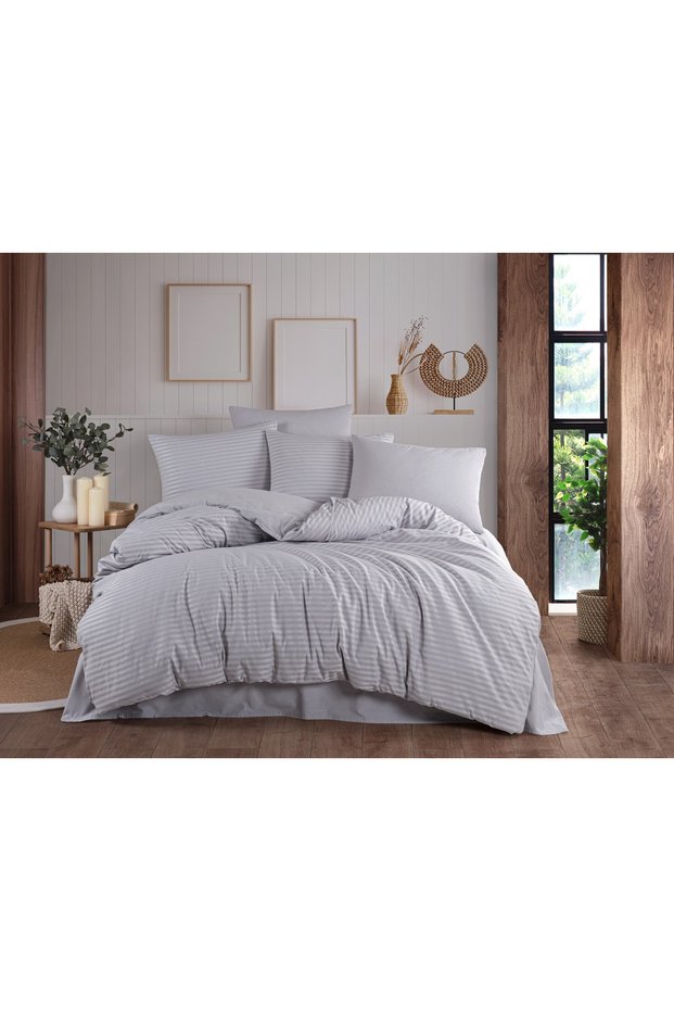 Gray Colored Natural Striped Double Duvet Cover Set