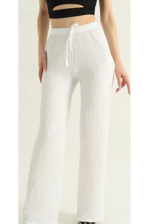 Queen'S////// New Season///// Ultra-Flexible Seersucker Fabric Women's Palazzo Pants with Elastic Waist