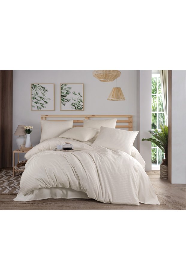 Cream Colored Natural Striped Double Duvet Cover Set