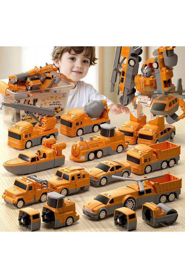 21-Piece 6-in-1 Take Apart Construction Vehicles, Transform into Robot Toy for Kids