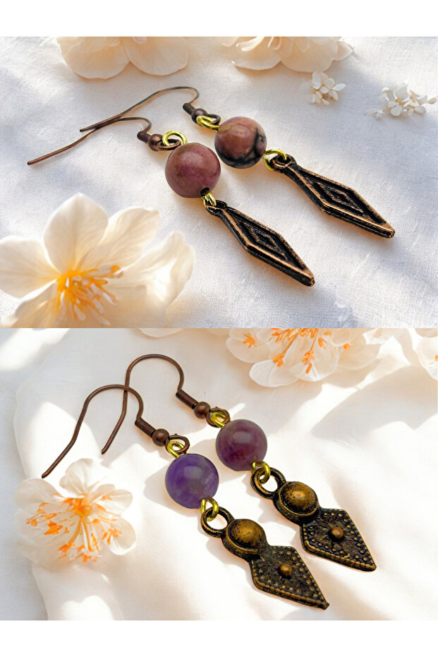Set of 2 Earrings with Rhodonite & Amethyst Natural Stones