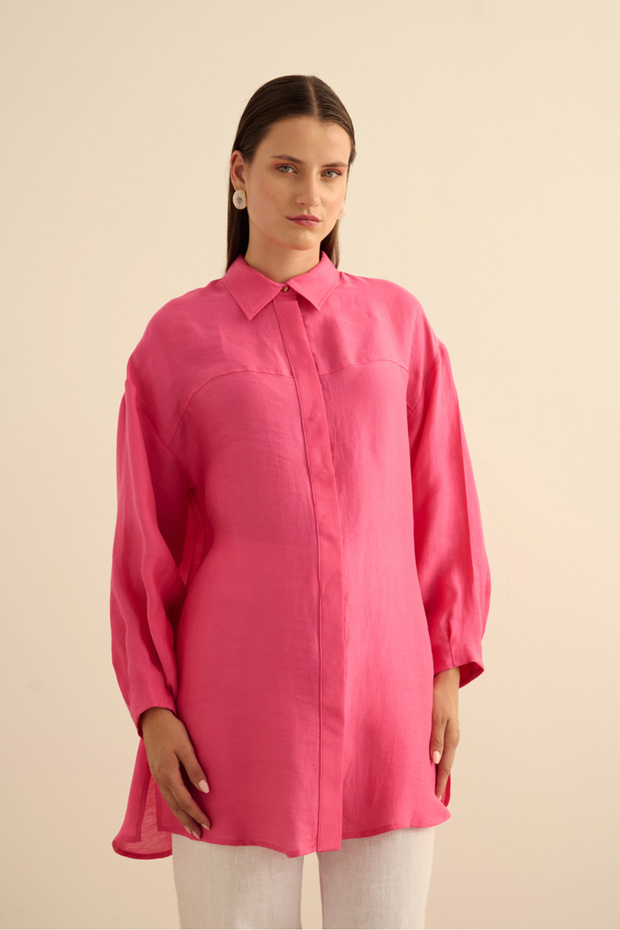 Fuşya Rahat Form Keten Bluz - 1