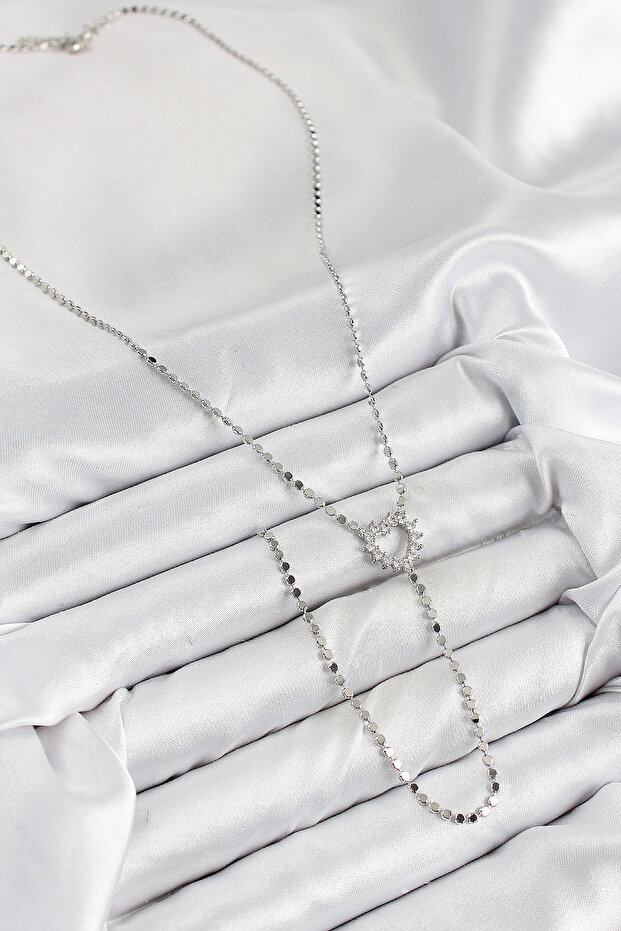 Brass Zircon Stone Crushed Chain Heart Y Necklace (Silver Color)