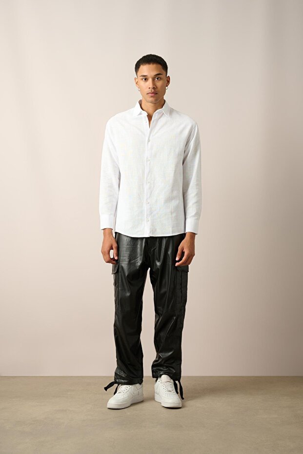 R-3780 Footed Collar Lightweight Oversize Long Sleeve Linen Shirt