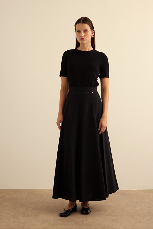 Kloş Yırtmaçllı Keten Etek - 1