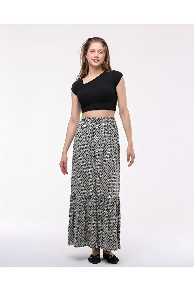 BUTTONED FRONT SINGLE RIFFIRED LONG CHIMNEY SKIRT