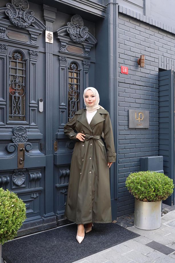 Kadın Kuşaklı Çift Düğmeli Astarlı Bondit Haki Trençkot - 3