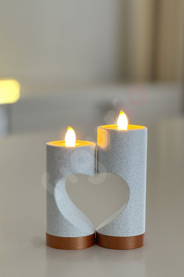 Dekoratif Kalp Detaylı Led Mumluk / İkili Set / 2 Adet Led Mum Hediye - 1