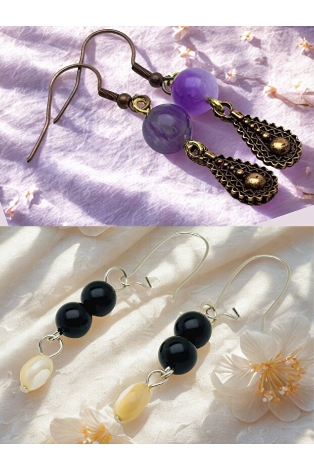 Amethyst & Onyx Natural Stone 2-Piece Earring Set - Natural Stone Bijoux Women's Earring Set