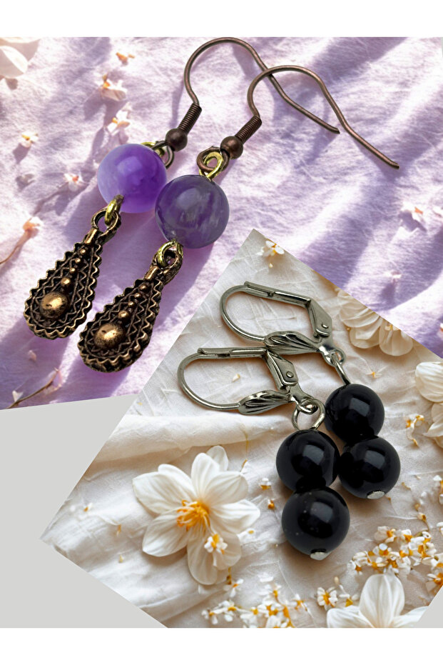 Amethyst & Onyx Natural Stone 2-Piece Earring Set - Natural Stone Bijoux Women's Earring Set