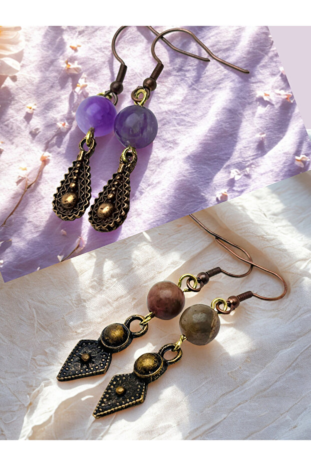 Amethyst & Rhodonite Natural Stone 2-Piece Earring Set - Natural Stone Bijoux Women's Earring Set