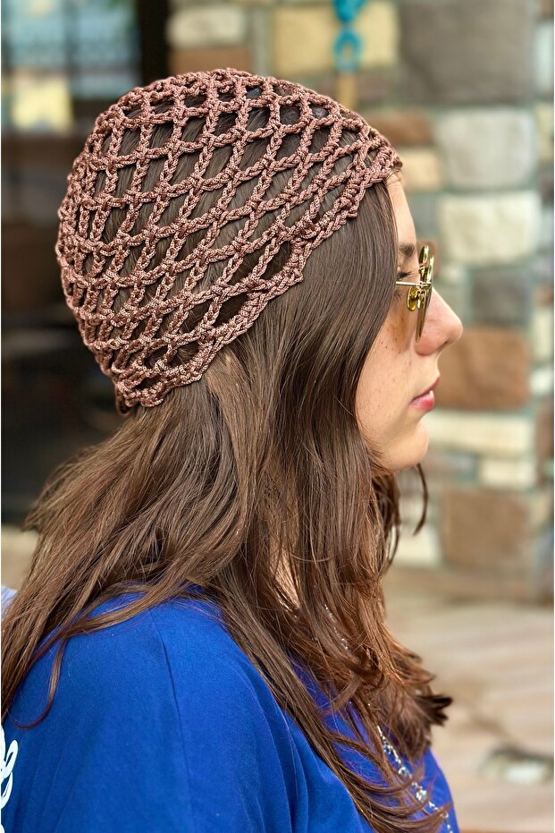 Handmade Mesh Knitted Summer Beret – Bohemian Retro Hair Accessory, Beach Hat, Coffee