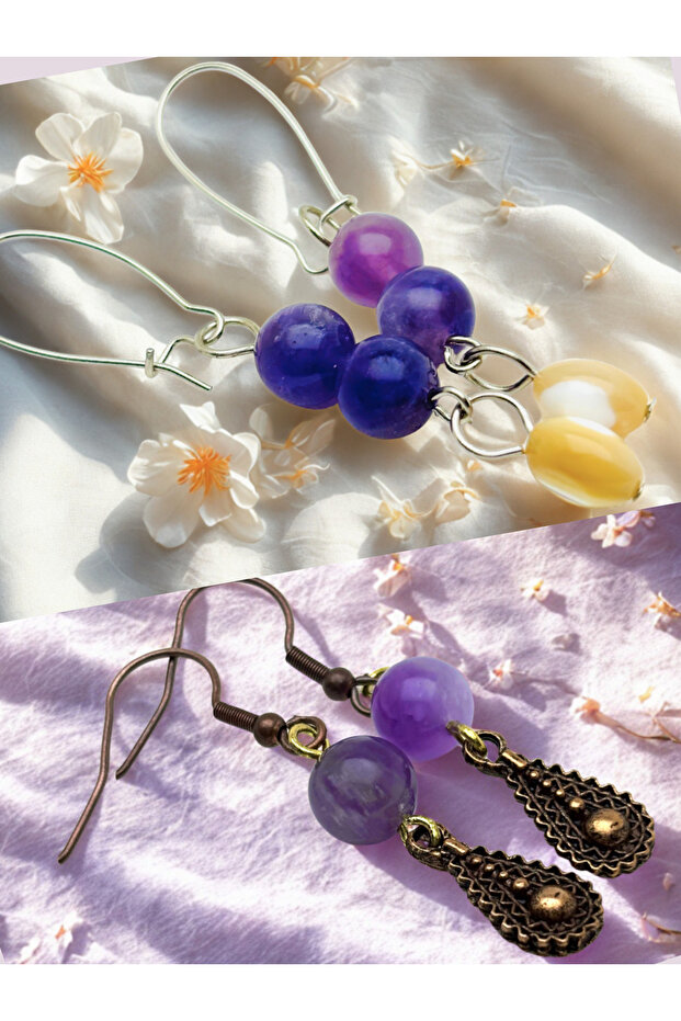 Amethyst & Amethyst Natural Stone 2-Piece Earring Set - Natural Stone Bijoux Women's Earring Set