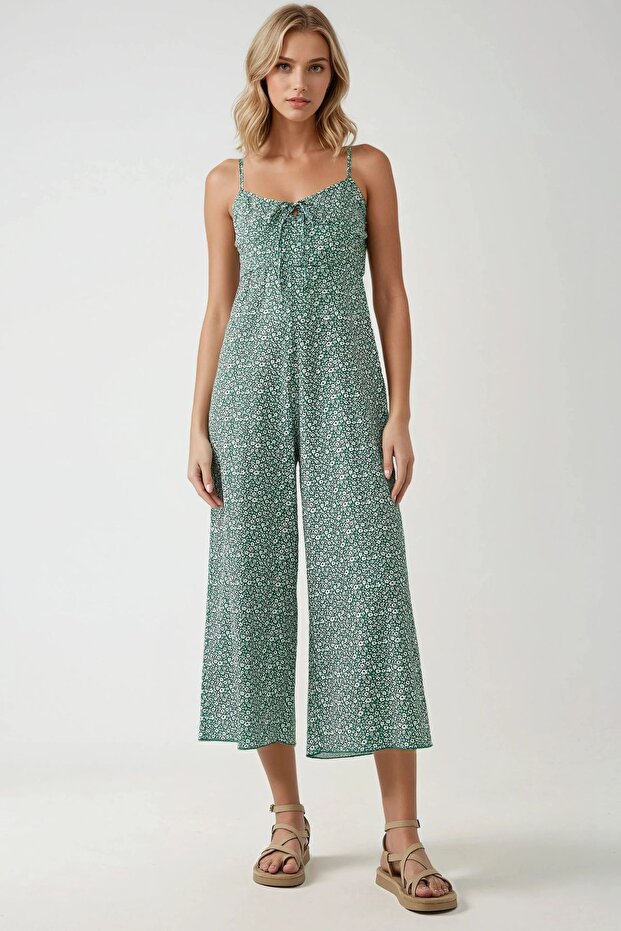 V Yaka Geniş Paça Çiçekli Örme Tulum - 1