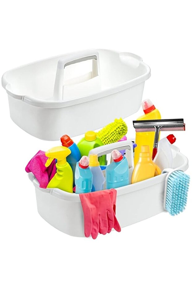 2 Pack Cleaning Supplies Caddy, Large Plastic Cleaning Supply Organizer Bucket with Handle Portable Housekeeping Shower Tote Caddy Under Sink Tool Storage Baskets for Bathroom, Kitchen (White)