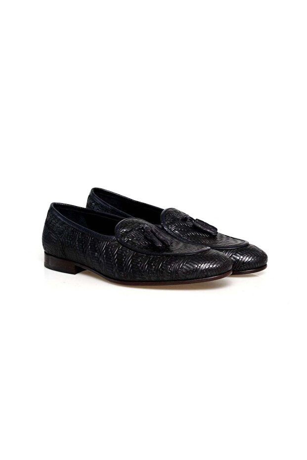 Dark Blue Color Laceless Genuine Leather Men's Shoes