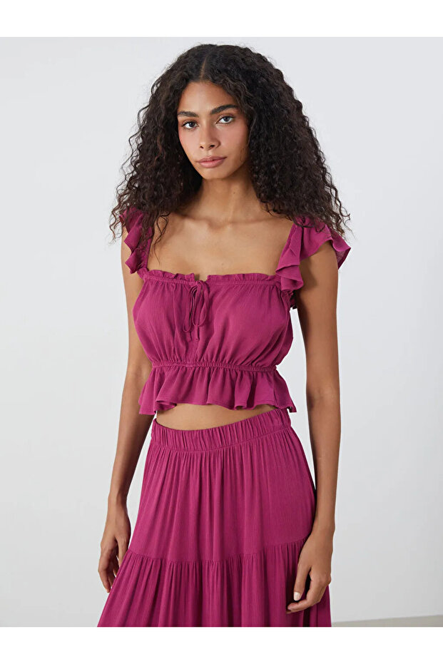 XSIDE Fuşya Kare Yaka Fırfırlı Crop Bluz - 1