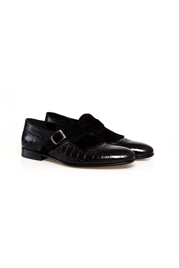 Black Color Laceless Genuine Leather Suede Men's Shoes