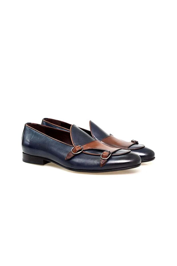 Dark Blue Color Laceless Genuine Leather Men's Shoes