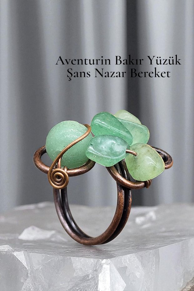 Ring Aventurine Pure Copper Adjustable Hand Craftsmanship (Positivity, Evil Eye, Protection)