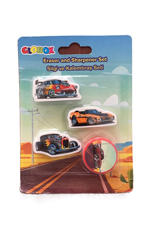 Eraser and Sharpener Set / (3 Erasers-1 Sharpener)-Car - 1