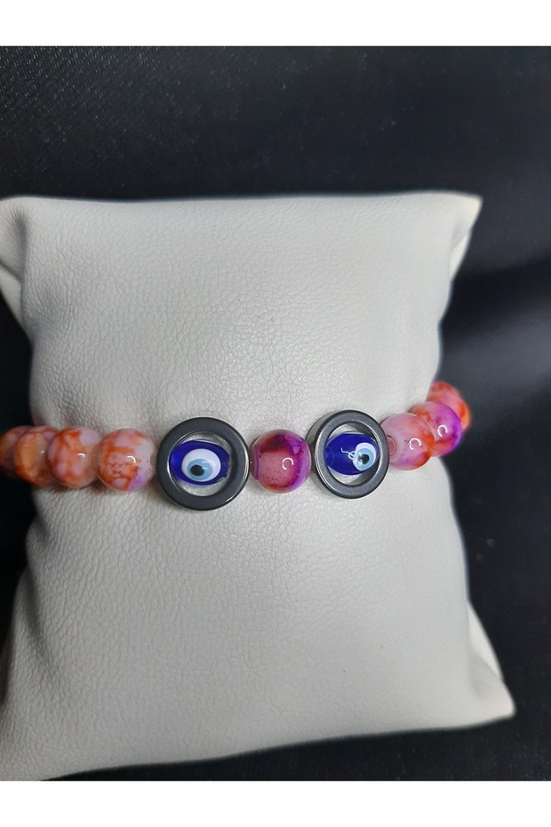 Pink Glass Beads Onyx Stone Rings and Evil Eye Beads Bracelet
