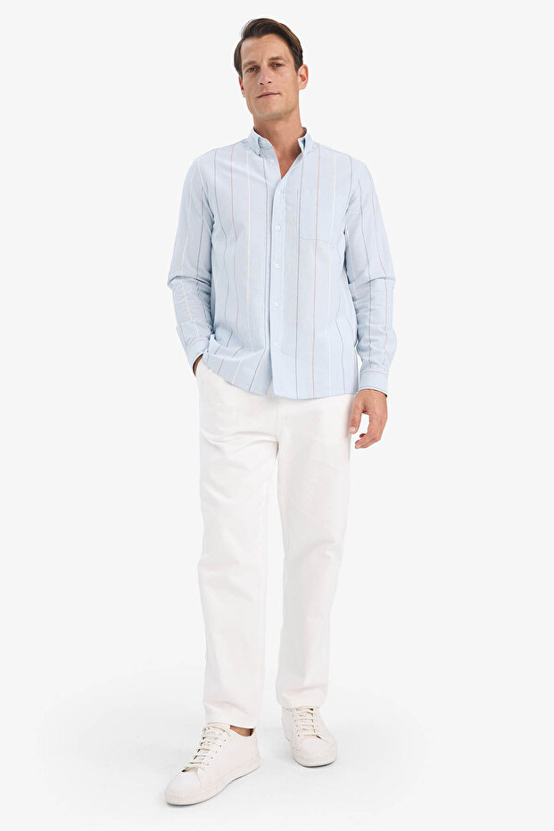 Regular Fit Polo Yaka Çizgili Cepli Mavi Erkek Gömlek E7892AX/BE723 - 2