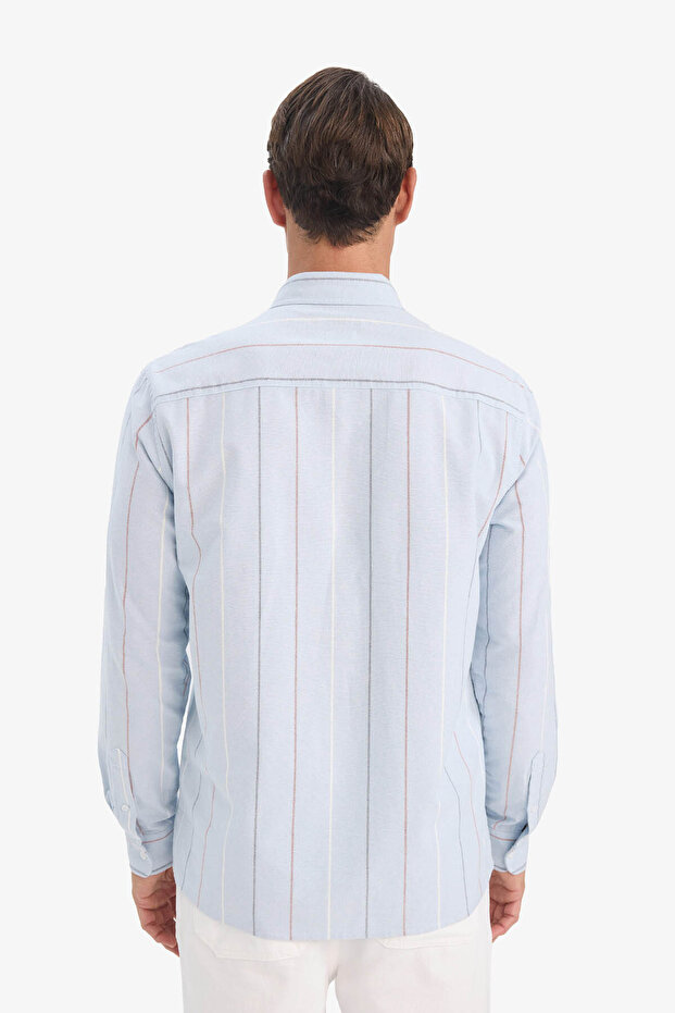 Regular Fit Polo Yaka Çizgili Cepli Mavi Erkek Gömlek E7892AX/BE723 - 6