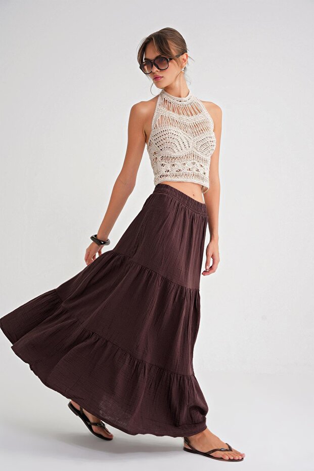 4567 Kadın Fırfırlı Uzun Müslin Etek Kahve - 3