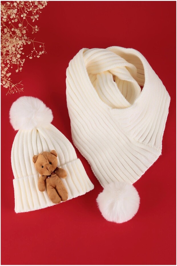 Cream Teddy Bear Baby Scarf-Beret Set (0-1 Year Old)