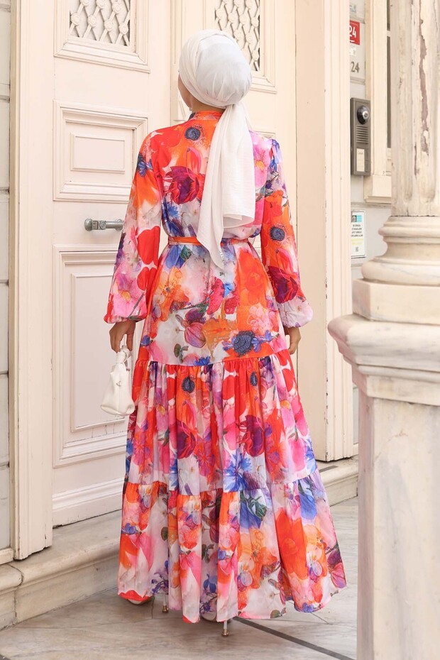 فستان حجاب منقوش برتقالي 581 - 5