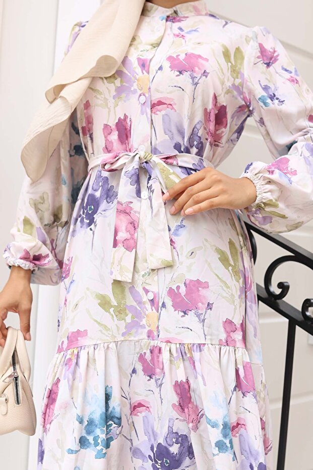 فستان حجاب منقوش أرجواني 583 - 3