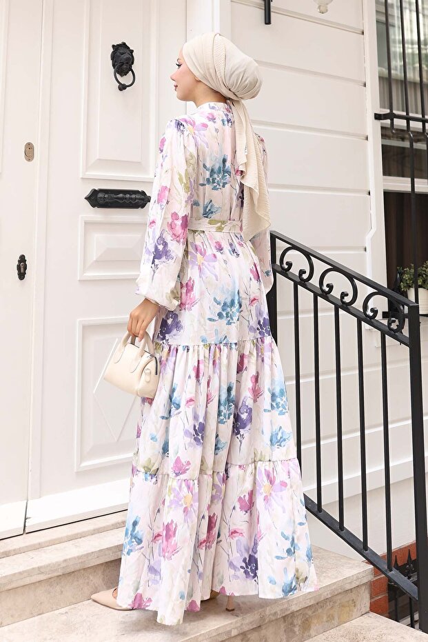 فستان حجاب منقوش أرجواني 583 - 5