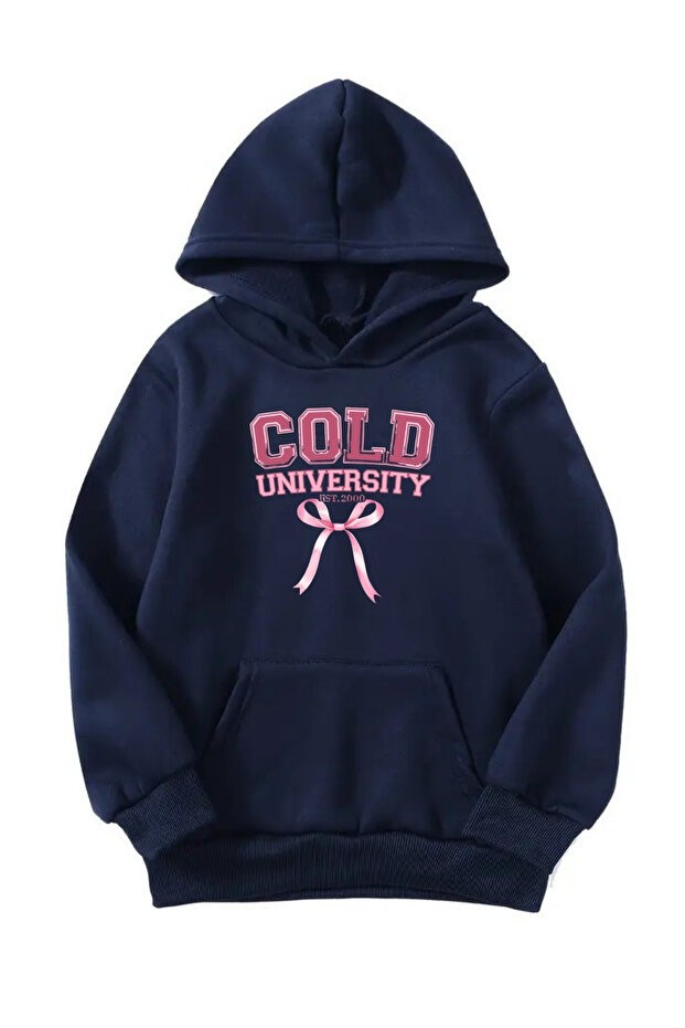 Unisex Oversize Hooded Winter Cold Universty Printed Hooded Sweatshirt - Navy Blue