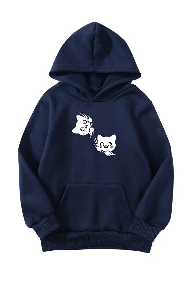 Unisex Oversize Hooded Winter Two Cats Printed Hooded Sweatshirt - Navy Blue