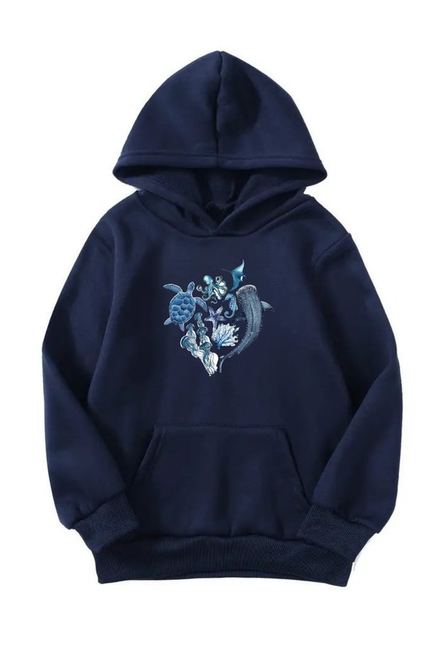 Unisex Oversize Hooded Winter Sea Creatures Printed Hooded Sweatshirt - Navy Blue