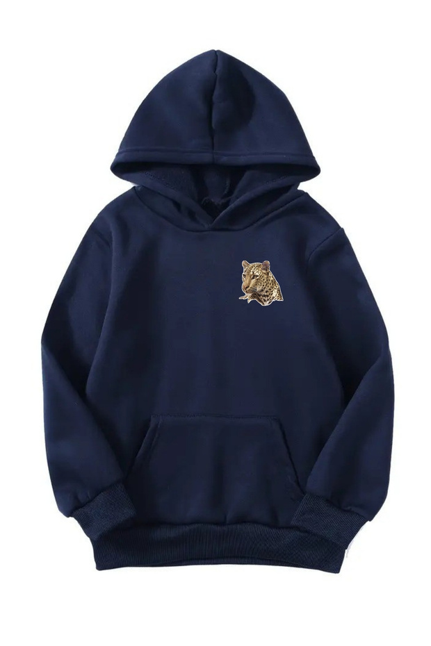 Unisex Oversize Hooded Winter Jaguar Ribbon Minimal Printed Hooded Sweatshirt - Navy Blue