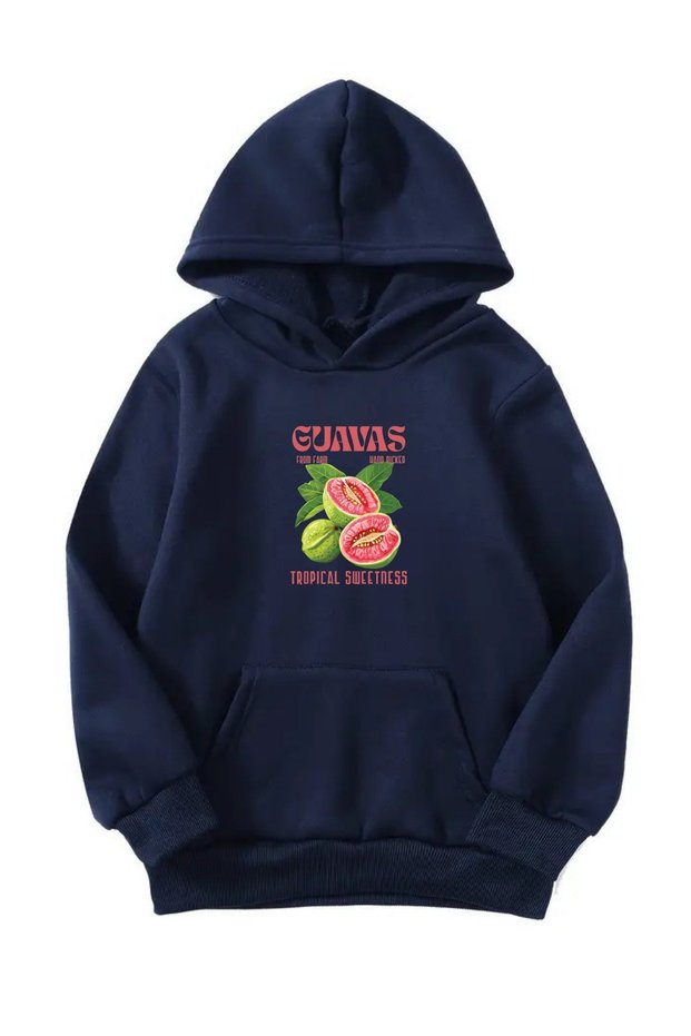Unisex Oversize Hooded Winter Guavas Printed Hooded Sweatshirt - Navy Blue