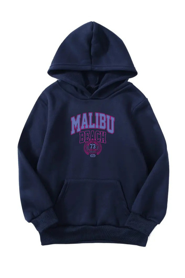 Unisex Oversize Hooded Winter Malibu Printed Hooded Sweatshirt - Navy Blue