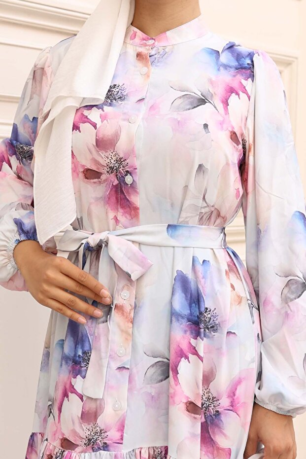 Patterned Hijab Dress Lilac 585 - 3