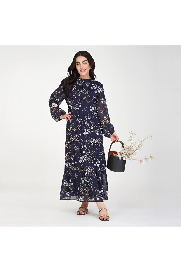 Blue and Multicolour Floral Printed Tiered Maxi Dress – Mandarin Collar with Elastic Cuffs