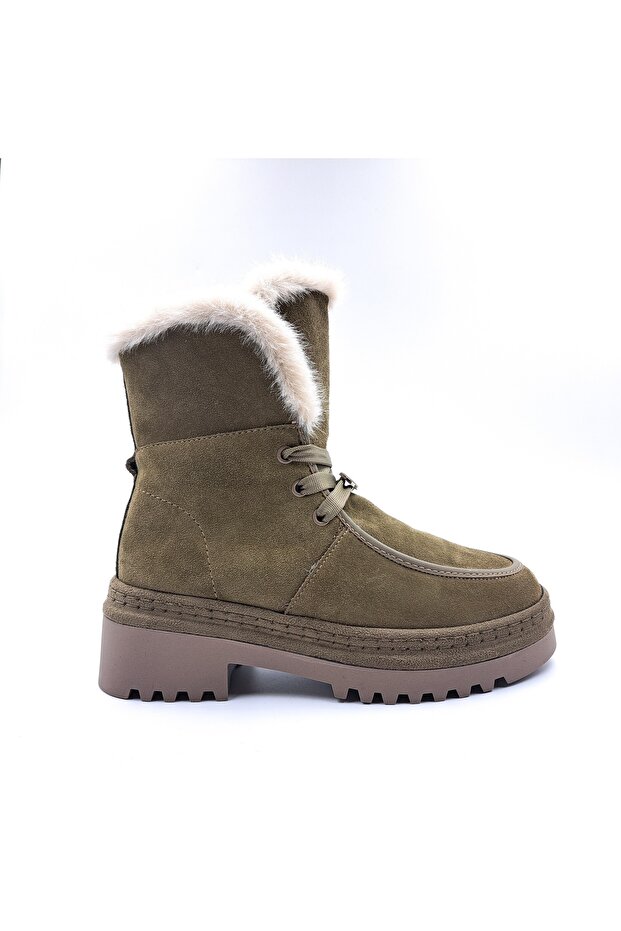 Genuine Suede Leather Inside Genuine Lamb Fur Khaki Green Women's Boots