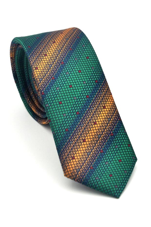 Beige Bias Patterned Emerald Green Woven Fabric Slim Fit Tie with Handkerchief // Sdk-2505-7